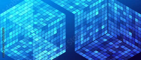 Fototapeta Ai blocks blue web banner. Isometric geometric technology background. Future neon particles cube vector. Futuristic intelligence high technological design banner.