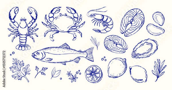 Fototapeta Hand drawn seafood vector set in vintage style with fish, crab, shrimp, shellfish, herbs, and lemons. Restaurant menu, packaging, cookbooks, branding, culinary. Engraved Style Marine Food Elements