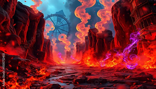 Fototapeta Fiery canyon landscape with futuristic structures, smoke trails, and lava streams.