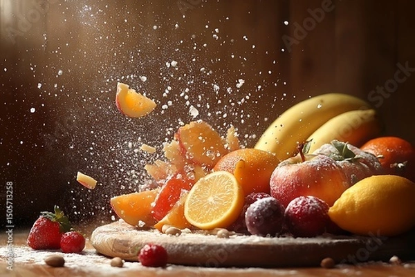 Obraz Vibrant Fruits Display with Lemon, Orange, Apple and Strawberry Amidst Flour Dust