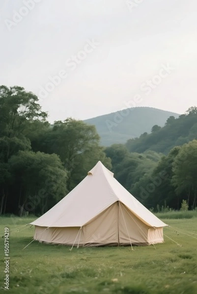 Fototapeta A large beige bell - shaped tent set up in a lush green meadow with rolling hills in the background under a cloudy sky