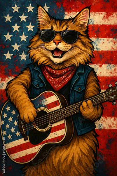 Obraz Patriotic Cat Playing Guitar with USA Flag Background