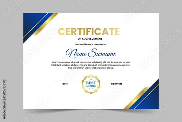 Obraz Modern elegant blue and gold certificate template. Appreciation for business and education. Vector illustration