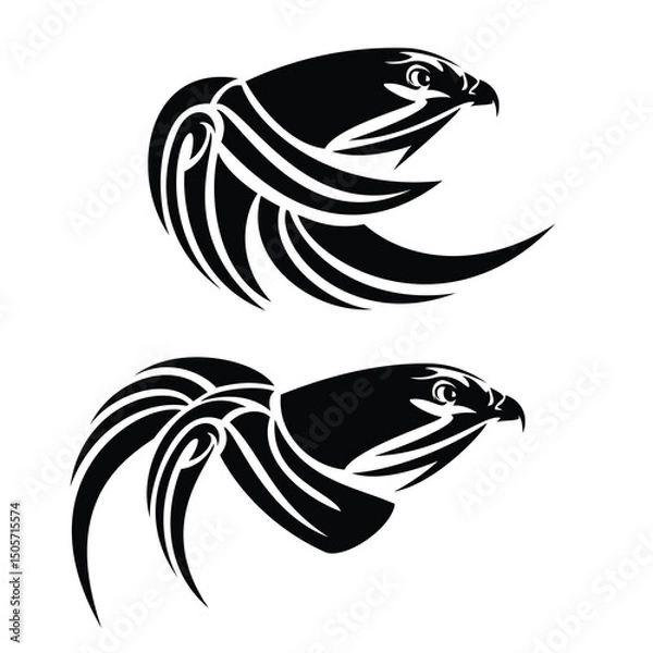 Obraz falcon or hawk bird head and stylized wing - black and white vector tribal outline design