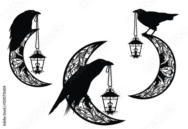 Obraz mysterious raven bird holding magic lamp hanging on chain sitting on ornate crescent moon -  black and white vector design for astrology, witchcraft and sorcery concept