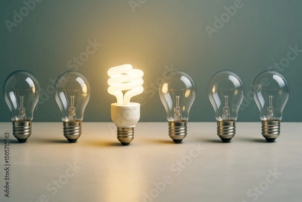Fototapeta Glowing spiral bulb among traditional bulbs on a minimalist surface with soft light and gradient background highlighting concept of innovation.