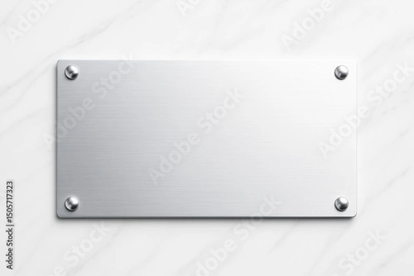 Fototapeta Metallic blank nameplate mounted on marble wall background with clean brushed texture and four rounded screws in each corner for branding concept.