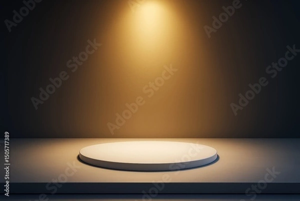 Fototapeta Minimalist round white podium under warm spotlight on dark background for product display or branding concept mockup template scene.