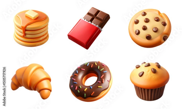 Fototapeta Puncakes, Chocolate Bar, Cookie, Croissant, Doughnut, Muffin, set of 3D Food Icons – Glossy Minimal Emoji Style, Isolated PNG objects