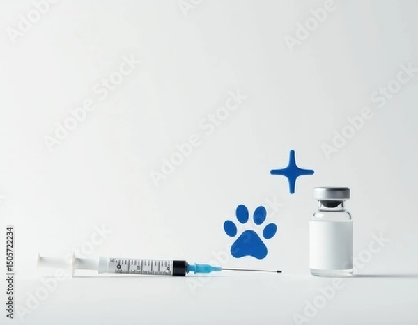 Obraz Pet Vaccine Syringe, Vial, Paw Print, and Plus Sign on White Background