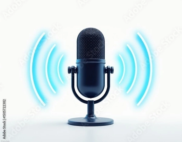 Obraz Retro Microphone with Blue Sound Waves - Podcast, Radio, Broadcasting Concept