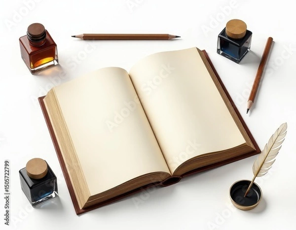 Obraz Open Book with Inkwells, Pen, and Pencils - Blank Pages for Your Text