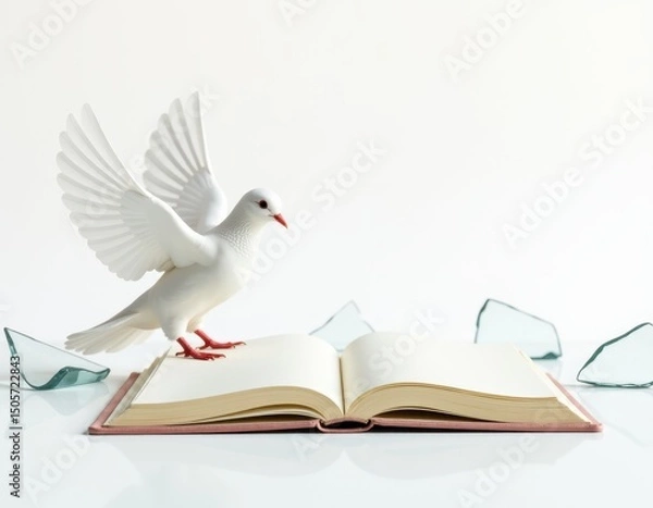Obraz White Dove of Peace on Open Book with Broken Glass