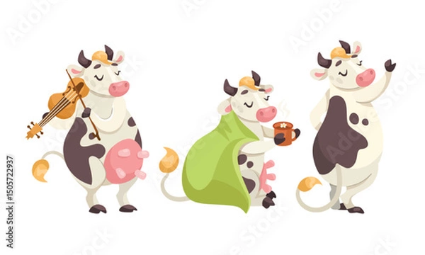 Obraz Delightful and Charming Cartoon Cows Happily Playing Various Musical Instruments While Enjoying Life