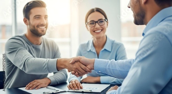 Obraz Business handshake sealing a deal with happy colleagues in a modern office environment.