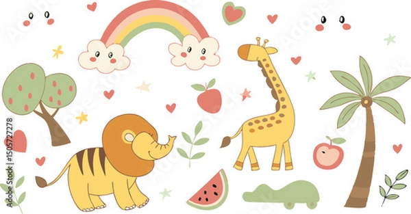 Fototapeta cute hand drawn doodle vector set,a seamless vector doodle illustration in black and white. love, Natural , firework, cloud, weather, rainbow, snow, heart and creative design vector collection.