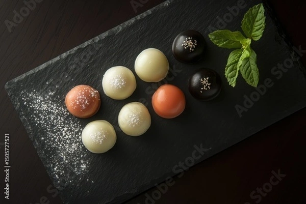 Fototapeta Assorted colorful desserts arranged on slate plate with mint leaves  