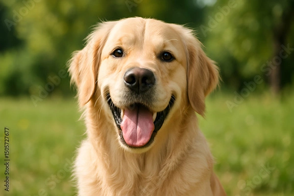 Fototapeta A cheerful golden retriever smiles brightly in a lush green field, showcasing its friendly and playful nature. This happy dog embodies the joy of companionship and outdoor fun.