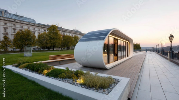 Fototapeta Modern solar powered shelter with sleek design and large glass doors, situated wooden deck along river sunset, creating