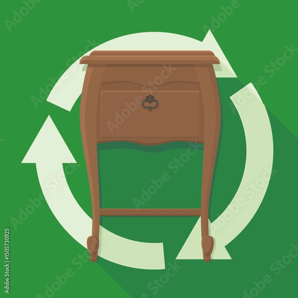Fototapeta Old bedside table with a light circular symbol of three recycling arrows in a flat design style on green background with long shadow