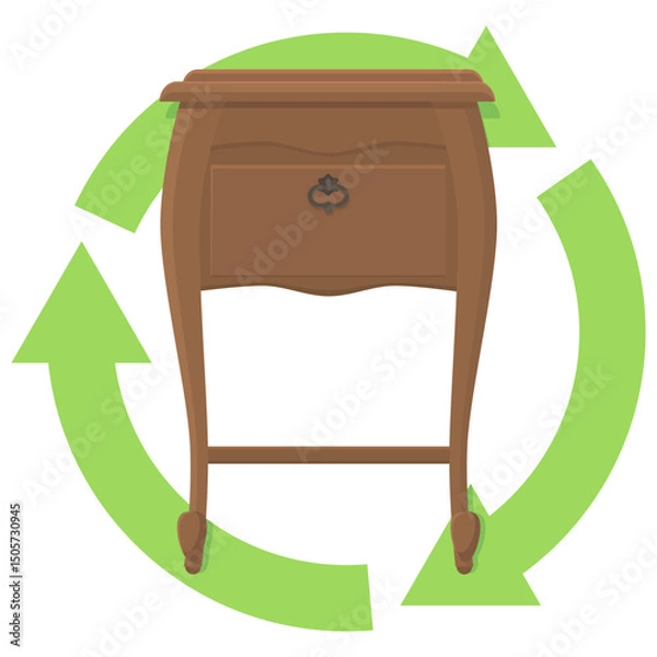 Fototapeta Old bedside table with a green circular symbol of three recycling arrows in a flat design style (cut out)