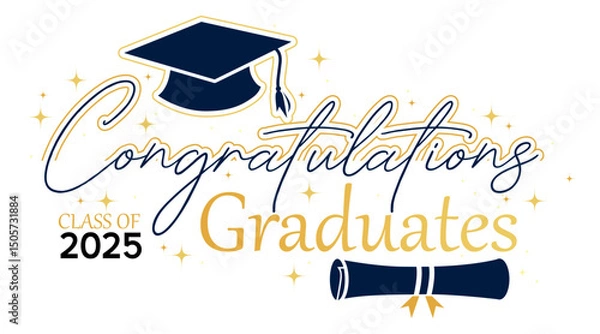 Fototapeta Class of 2025 Congrats greeting sign with academic cap and diploma. Congrats Graduated. Congratulating banner. Handwritten brush lettering. Isolated vector text for graduation design, card, poster