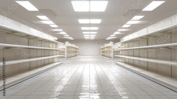 Fototapeta Empty metal supermarket shelves with white coating, modern store interior, bright lighting and tiled floor --chaos 20