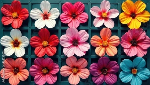 Obraz Bold, stylized blossoms arranged in a square lattice , texture, summer