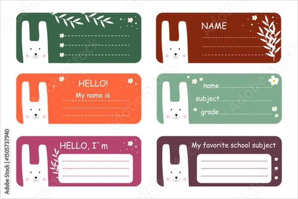 Fototapeta Name tag set, school stickers for kids with with a cute bunny and flowers and place for text. Notebook Labels. Vector illustration