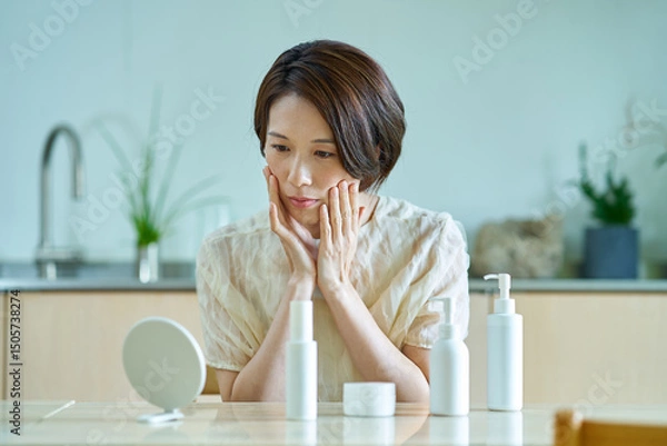 Fototapeta 疲れた表情で自分の顔をチェックする女性