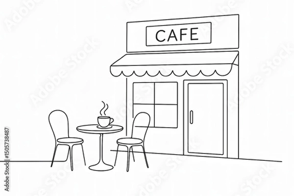 Obraz Cafe storefront line art with outdoor table
