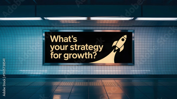 Fototapeta Subway billboard with rocket and "What’s your strategy for growth?" text – startup launch, business marketing, public message
