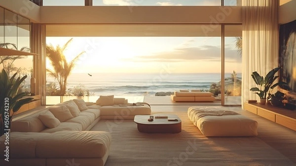 Fototapeta Modern luxury beachfront condo living room, curated decor with clean forms, ocean visible through wide open windows, gentle light highlights texture and structure. Created Using: Olympus OM-D E-M1X,