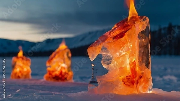 Fototapeta Fiery Flames Emerging from a Luminous Ice Block