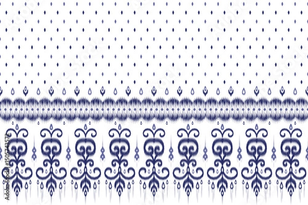 Fototapeta Navy blue ikat border background with elegant tribal shapes. Perfect for textile mockups, invitations, or cultural-themed visuals.