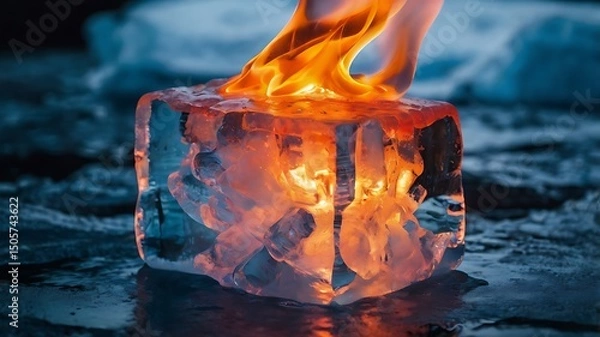 Fototapeta Fiery Flames Emerging from a Luminous Ice Block