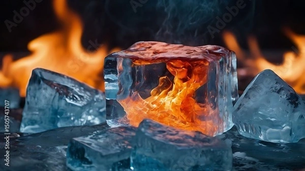 Fototapeta Fiery Flames Emerging from a Luminous Ice Block