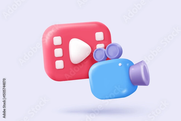 Fototapeta 3d video camera icon isolated  with lens and button on pastel background. Realistic film movie icon, play button for streaming multimedia concept. 3d cinema record icon vector render illustration