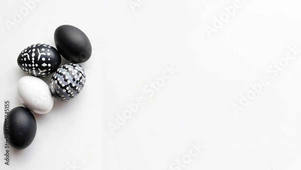 Fototapeta Minimalist Monochrome Easter Eggs with Geometric Patterns on White Background
