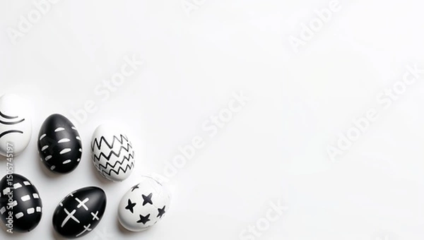 Fototapeta Minimalist Monochrome Easter Eggs with Geometric Patterns on White Background
