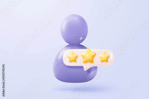 Fototapeta 3d stars rating for best excellent services. Result score for satisfaction in speech bubble. Review for quality customer rating feedback, product award review. 3d star icon vector render illustration
