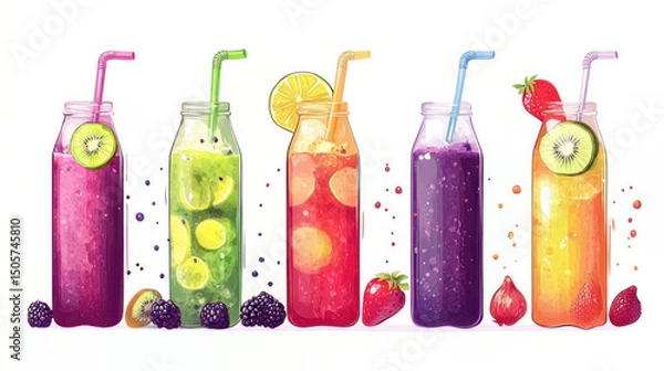 Fototapeta A nutritious fresh fruit smoothie in a bottle with a tubule set is shown on a white table. Various Flavours & Ingredients in a Glass Container The Apple Lime Orange Kiwi Raspberry Blackberry 