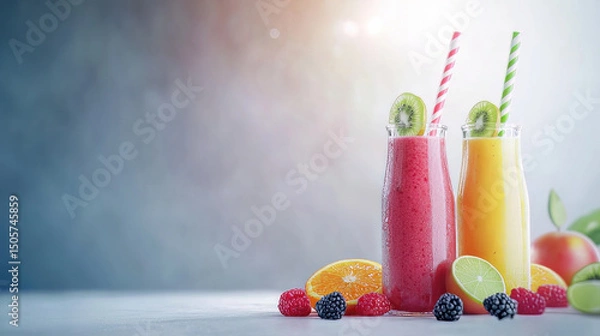 Fototapeta A nutritious fresh fruit smoothie in a bottle with a tubule set is shown on a white table. Various Flavours & Ingredients in a Glass Container The Apple Lime Orange Kiwi Raspberry Blackberry 
