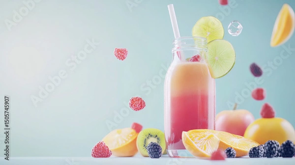 Fototapeta A nutritious fresh fruit smoothie in a bottle with a tubule set is shown on a white table. Various Flavours & Ingredients in a Glass Container The Apple Lime Orange Kiwi Raspberry Blackberry 