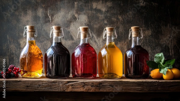 Fototapeta Numerous fruit and berry juice bottles, an antique wooden backdrop, and selective focus