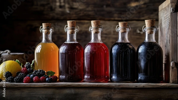 Fototapeta Numerous fruit and berry juice bottles, an antique wooden backdrop, and selective focus