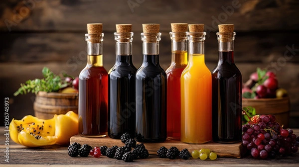 Fototapeta Numerous fruit and berry juice bottles, an antique wooden backdrop, and selective focus