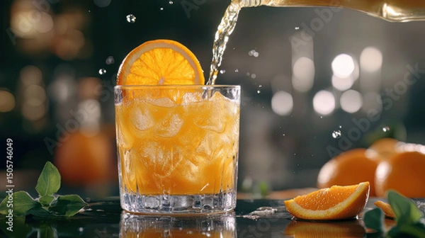 Fototapeta An image of fresh orange juice being poured into a glass in slow motion