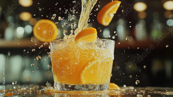 Fototapeta An image of fresh orange juice being poured into a glass in slow motion
