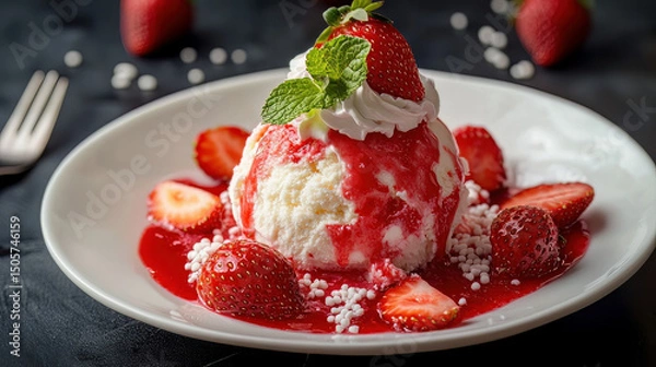 Fototapeta strawberry ice cream topped with mint and a tiny bit of whipped cream. Extra strawberries, strawberry sauce, and white sprinkles on top.
